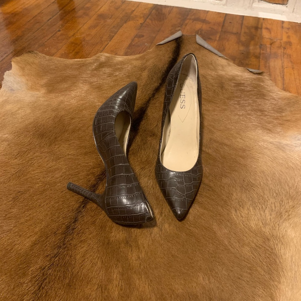 Dark Brown Snake Pointy-Toe Guess Heels